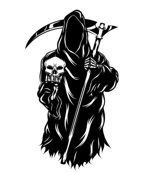 Grim Reaper Drawing, Reaper Drawing, Black White Illustration, Skull Stencil, Tattoo T Shirt, Reaper Tattoo, Vector Animation, Grim Reaper Art, Head Skull