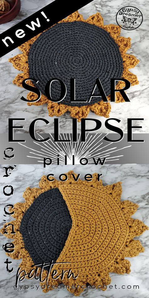 Crochet Moon Phases Pattern Free, Astronomy Crochet Ideas, Crochet Eclipse, Crochet Home Decor Boho, Solar Eclipse Crochet, Solar Eclipse Crochet Pattern, Crochet Witchy Stuff Free Pattern, Celestial Crochet Patterns, Unique Crochet Projects Ideas