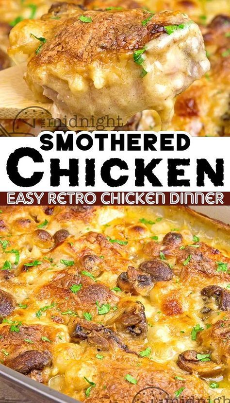 Looking to make smothered chicken recipe just like your Grandma used to make?! This easy chicken dinner is so easy to make using simple ingredients. It's not just a dish, it's an experience that brings back the warmth, love of the 1950s kitchen - when families bonded over deliciously hearty meals. Amish Baked Chicken, Vintage Chicken Recipes, Heavenly Chicken Recipe, Smothered Chicken Recipe, Plain Chicken Recipe, Baked Meat, Easy Chicken Dinner, 1950s Kitchen, Smothered Chicken