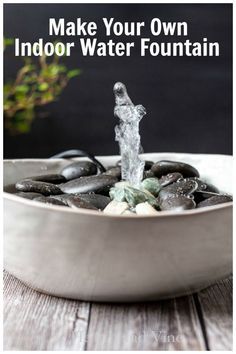 You won't believe how easy this beautiful indoor water fountain is to make. Makes a wonderful gift for someone who enjoys the relaxing sound water in their home. Use it to meditate or listen to while taking a bath, or just as a pretty accent piece for your home decor. Indoor Water Fountains Bedroom, Water Fountain Bedroom, Diy Indoor Water Garden, Indoor Fountain With Plants, Diy Home Fountain, Diy Pet Fountain, Diy Cat Fountain, Indoor Water Fountains Living Rooms, Diy Indoor Fountain