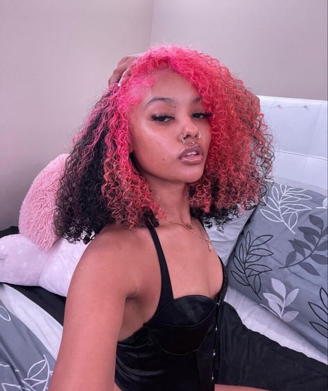 Pink Peekaboo Hair Curly, Pink And Black Hair Curly, Black And Pink Hair Bangs, Curly Dyed Hair Natural Curls Pink, Hot Pink Curly Hair Black Women, Curly Hot Pink Hair, Pink Hair Streaks, Pink And Black Hair, Dyed Curly Hair