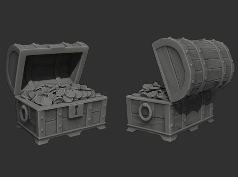 Open Treasure Chest, Graphic Design Portfolio Book, Wooden Treasure Chest, Pirate Games, 3d Modeling Tutorial, D&d Miniatures, Low Poly Models, Wood Chest, Miniature Diy