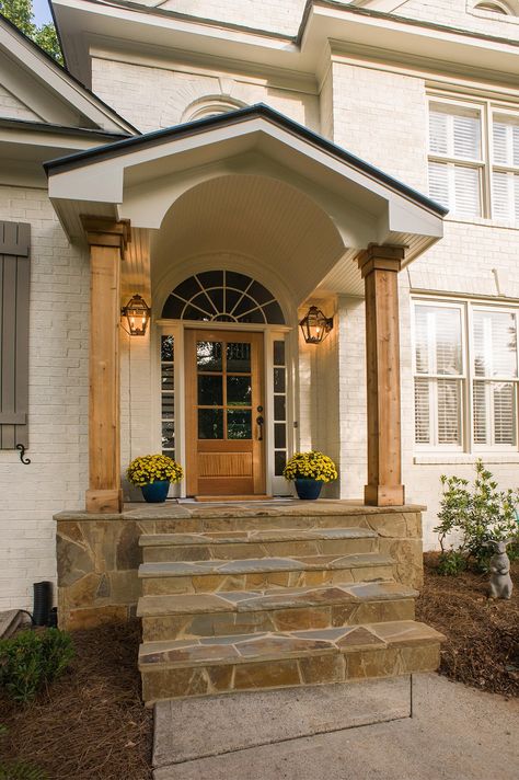 Craftsman Portico Entry, Exterior Side Door Entrance Ideas, Arch Window Above Front Door, Light Taupe House Exterior, Front Door Pillars Entrance, Adding A Portico Front Entry, Arched Porch Entrance, Side Door Entrance Ideas Curb Appeal, Overhang For Front Door