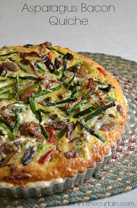 Asparagus Bacon Quiche - Lady Behind The Curtain Quiche Recipes Asparagus, Bacon Asparagus Quiche, Asparagus Mushroom Quiche, Quiche Asparagus, Quiche With Asparagus, Veggie Bacon, Quiche Breakfast, Asparagus Quiche Recipes, Low Carb Veggie