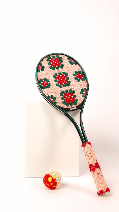 A tennis racquet and ball is reimagined with a granny-square style crotchet on the handle and head. Textile Sculpture, Contemporary Textiles, Found Objects, Find Objects, Sports Art, Crochet Art, Found Object, Conceptual Art, Mode Inspiration