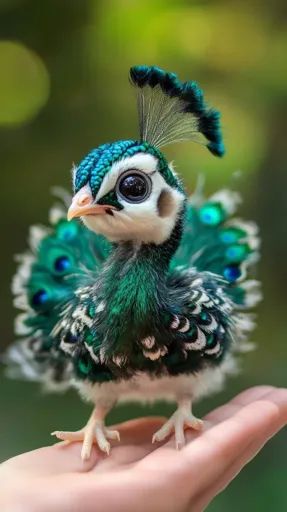 ↑↑↑ Larger size on website 🔸 A small peacock chick with large, dark eyes and a fluffy, green and white body sits on a person's ha Cute Peacock, White Peacock Aesthetic, Half Albino Peacock, White Peacock Photography, Piebald Peacock, Peacock Close Up, Albino Peacock, Out Of Focus, Dark Eyes