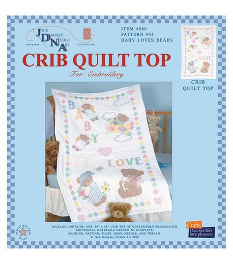 Jack Dempsey-Stamped White Quilt Crib Top 40 X60-Baby Love Bears Jack Dempsey, Baby Hug, Teddy Bear Design, Holding Baby, Baby Blocks, Crib Quilt, Love Bear, White Quilt, Top 40