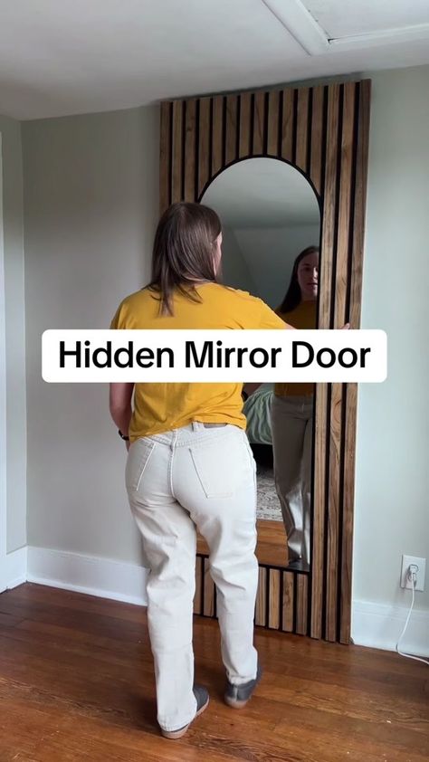 We made our closet into a hidden room using this sliding door idea! I ... | rachel martino | TikTok Unique Closet Door Alternatives, Hidden Half Door, Hide Attic Door In Ceiling, Hidden Door Trim Wall, Small Interior Door Ideas, Cool Bedroom Door Ideas, Hidden Track Sliding Door, How To Hide A Door In A Bedroom, Murphy Door Closet