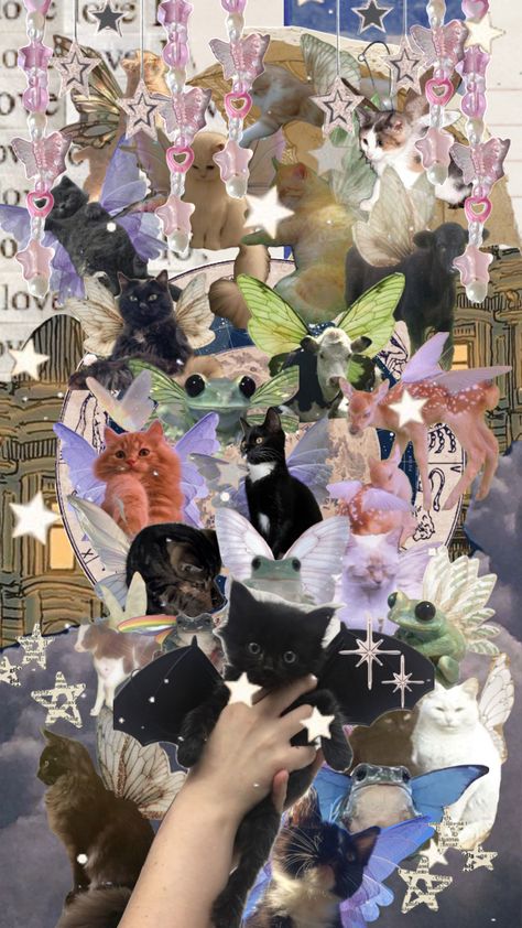 Fairy Core Phone Wallpaper, Fairy Cat Wallpaper, Fairy Animals, Fairycore Aesthetic Collage, Aesthetic Cat Collage Wallpaper, Fairy Collage Wallpaper, Fairy Background, Faerie Aesthetic, Wings Wallpaper