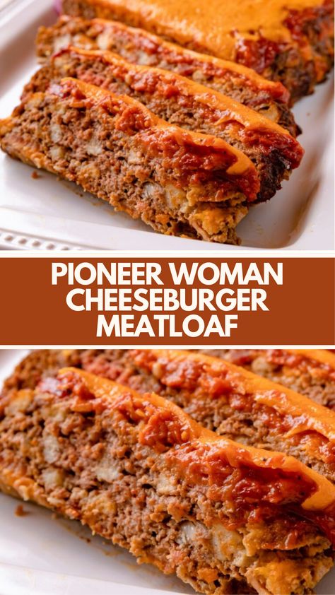 Pioneer Woman Cheeseburger Meatloaf is made with ground beef, crispy bacon, Cheddar cheese, and a savory ketchup-mustard sauce. This easy cheeseburger meatloaf recipe creates a delicious dinner that takes about 1 hour 45 minutes to prepare and can serve up to 6 people. Pioneer Woman Cheeseburger Meatloaf, Cheeseburger Meatloaf Pioneer Woman, Pioneer Woman Ground Beef Recipes, Dinner Recipes With Hamburger Meat, Cheddar Meatloaf, Cheeseburger Meatloaf Recipes, Pioneer Kitchen, Bacon Cheeseburger Meatloaf, Meatloaf Burgers