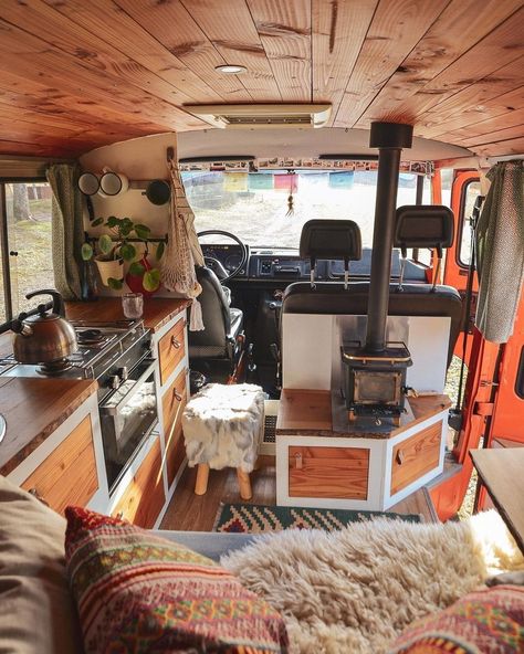 Project Van Life 🚐 on Instagram: “This Mercedes 407D is not just a tiny home on wheels. It is a home with lots of stories to tell, perhaps, some more interesting than what…” Rv Wood Stove, Cubic Mini Wood Stove, Mini Wood Stove, Camper Interior Design, Tiny Home On Wheels, Van Conversion Interior, Bus House, Caravan Interior, Build A Camper Van