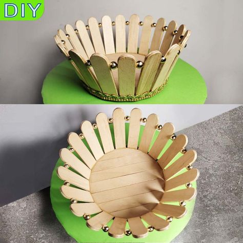 Ice Cream Stick Craft Decoration, Ice Sticks Craft Ideas, Basket Making Ideas, Fruit Baskets Diy, Popsicle Stick Christmas Crafts, Popsicle Stick Art, Ice Cream Stick Craft, Diy Popsicle Stick Crafts, Making Baskets