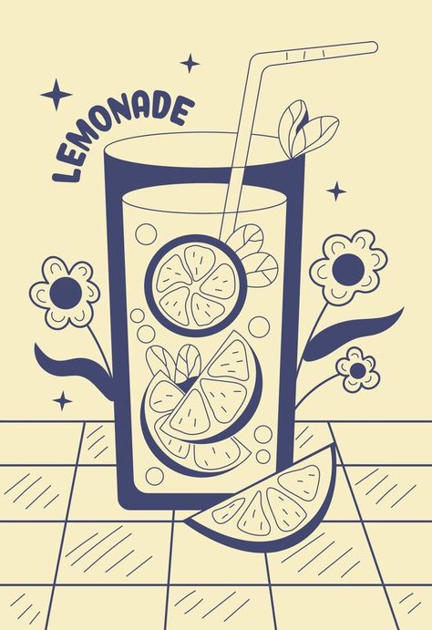 Retro poster with juice drink. Groovy banner with lemonade and orange, flowers on yellow background. Orange Juice Graphic Design, Lemonade Graphic Design, Groovy Banner, Lemonade Poster, Lemonade Art, Lemonade Design, Thai Bbq, Juice Poster, Lemonade Illustration