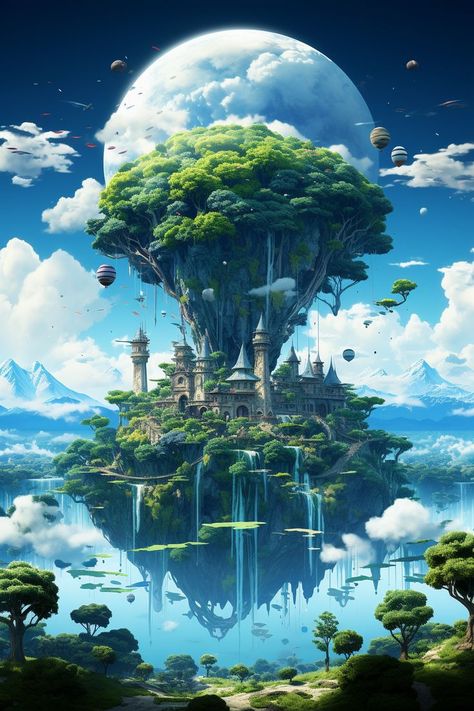 Floating Cities Fantasy Art, Floating Land Fantasy Art, Sky City Fantasy Art, Floating City Fantasy Art, Floating Islands Fantasy Art, Fantasy World Illustration, Fantasy World Art, Fantasy Landscape Art, Sky Islands