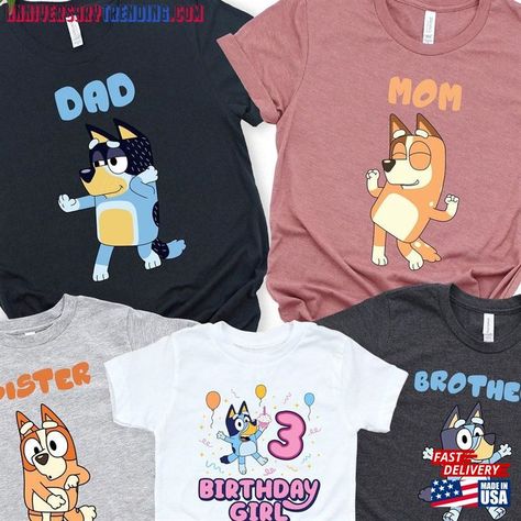 Bluey Mom And Dad Shirts, Bluey Birthday Shirts For Family, Birthday Shirts For Family, Birthday Character, Mom And Dad Shirts, Fiesta Bluey, Bluey Mom, Bluey Family, Bluey Birthday