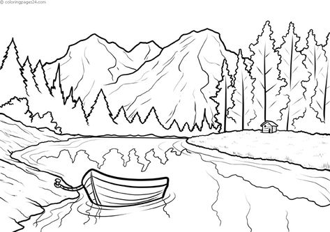 Coloring Pages Nature. Landscape, forest, mountains, sea, island Landform Coloring Pages, Coloring Pages Mountains, Mountains Coloring Pages, Mountain And Sea Drawing, Drawing Mountains Landscapes, How To Draw A Lake, Nature Landscape Drawing Easy, Coloring Pages Landscape, Mountain Coloring Pages