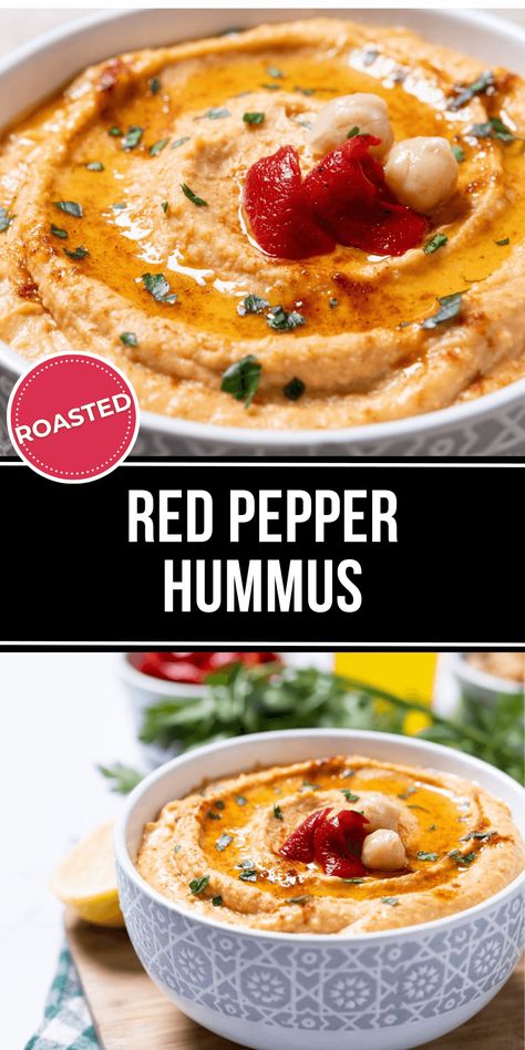 Roasted Red Pepper Hummus is an easy dip made of chickpeas, sesame paste, olive oil, and roasted red peppers. It goes great with chips or as a spread, and lasts up to five days in the fridge. Homemade Roasted Red Pepper Hummus, Red Pepper Hummus Recipe, Roasted Red Pepper Dip, Red Pepper Dip, Sesame Paste, Pepper Hummus, Roasted Red Pepper Hummus, Red Pepper Hummus, Easy Dip