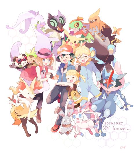 Pokémon XYZ anime family/gang. Ash, Serena, Clemont, and Bonnie and their Pokémon. Omg I'll miss them so much ;w; T-T AMAZING fanart by @may3104 on tumblr~ Clemont And Bonnie, Ash Serena, Pokémon X And Y, Ash Ketchum, Pokemon Characters, Ash, Pokemon, Tumblr, Pokémon