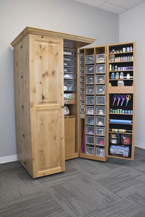 Craft Armoire, Craft Room Closet, Craft Storage Cabinets, Art Studio Room, Craft Cabinet, Craft Room Furniture, Dream Craft Room, Craft Room Design, Sewing Room Organization