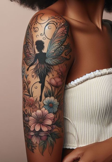 8 Fairy Tales Tattoo Ideas: Enchanted Ink That Will Bewitch You | Pocoko Fairy Tattoo On Back, Fairy Godmother Tattoo Ideas, Womans Tattoo Sleeve, Fairy Tattoo Designs Vintage, Fairy Shoulder Tattoo, Fairy Tattoo Sleeve, Black Fairy Tattoo, Fairy Tattoo Ideas, Fairy Tattoos For Women