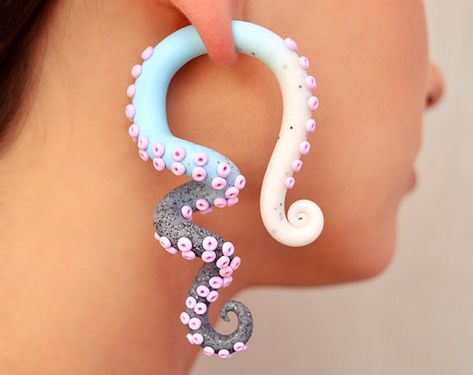 Tentacle Earrings, Gay Jewelry, Earrings Disney, Octopus Jewelry, Belly Button Piercing Jewelry, Fake Gauge Earrings, Gauge Earrings, Fake Earrings, Healing Clay