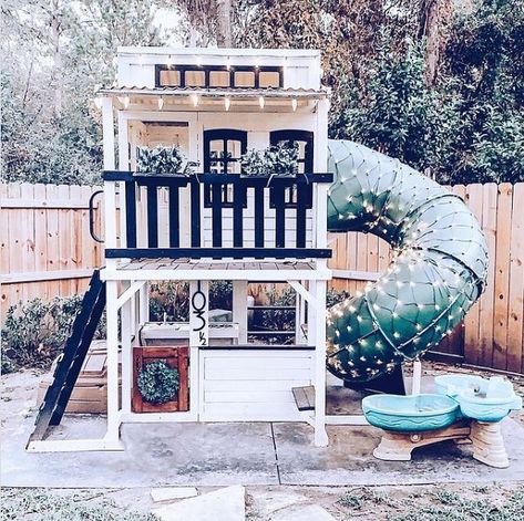 Shed To Playhouse Kids, Kidkraft Playhouse Makeover, Farmhouse Playhouse, Elevated Playhouse, Playset Makeover, Kid Friendly Backyard, Kids Cubby, Backyard Fort, Playhouse Makeover