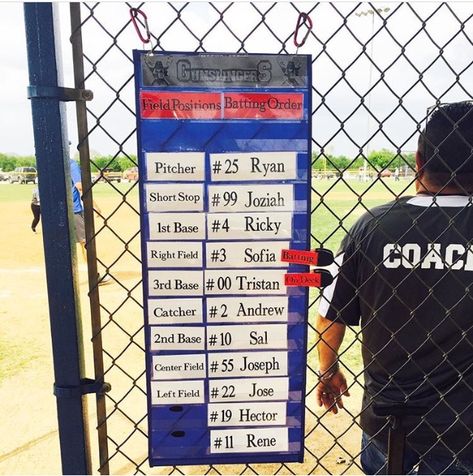 Batting Line Up Ideas, Baseball Lineup Board Diy, Softball Lineup Board Diy, Baseball Dugout Ideas, Baseball Chants, Dugout Organization, Baseball Team Party, Team Mom Baseball, Baseball Dugout