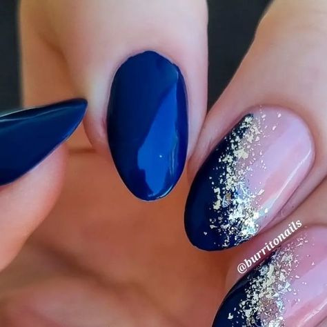 Navy Blue Pink Nails, Blush And Navy Nails, Navy Blue And Gray Nails, Navy And Pink Nails Ideas, Nails For A Navy Blue Dress, Navy Blue Silver Nails, Nails With Silver Flakes, Navy And Rose Gold Nails, Navy Pink Nails