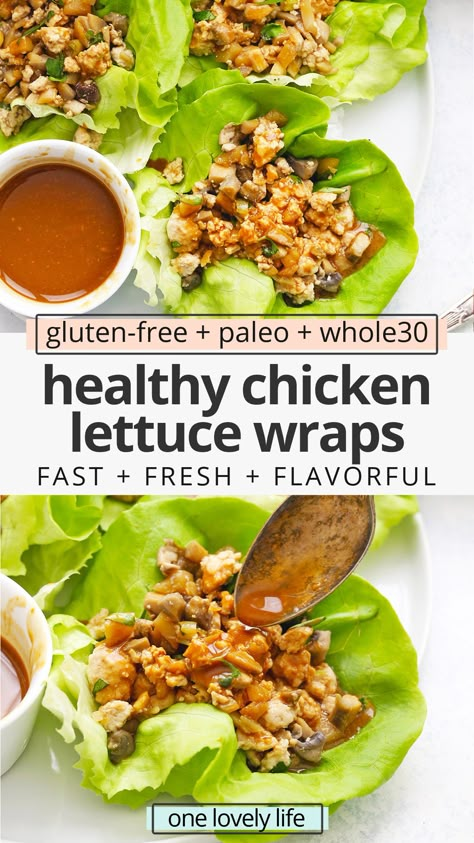 Paleo Chicken Lettuce Wraps - Fresh, flavorful & FAST, these healthy chicken lettuce wraps are on the table in no time. (Gluten-Free, Whole30) // Whole30 lettuce wraps // chicken lettuce wraps recipe // healthy chicken lettuce wraps // healthy lettuce wraps // paleo lettuce wraps // PF changs lettuce wraps // Paleo Lettuce Wraps, Healthy Chicken Lettuce Wraps, Easy Chicken Lettuce Wraps, Healthy Teriyaki Chicken, Wraps Chicken, Healthy Sesame Chicken, Salat Wraps, Lettuce Wraps Healthy, Chicken Lettuce Wraps Recipe