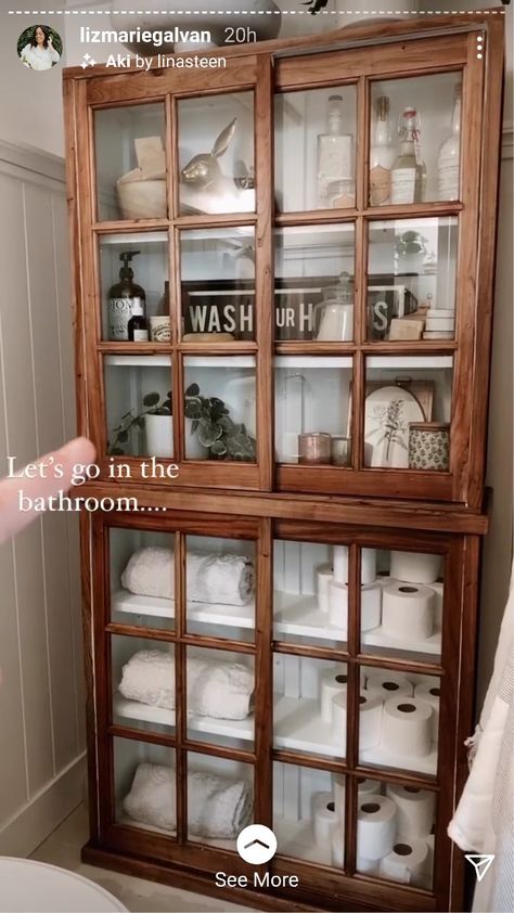 Bathroom Hutch, Vintage Bathroom Cabinet, Future Bathroom, Cabinet Glass Doors, Liz Marie, Linen Cupboard, Bathroom Linen Cabinet, Cottage Bathroom, Glass Front Cabinets