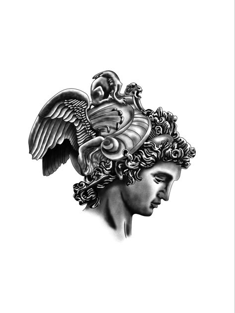 Portrait Tattoo Design of Perseus Greek Chest Tattoo, Prometheus Tattoo Design, Hermes Tattoo Design, Perseus Tattoo Design, Perseus Forearm Tattoo, Perseus And Medusa Tattoo, Zeus Posiden Hades Tattoo, Perseus With The Head Of Medusa Tattoo, Perseus Tattoo