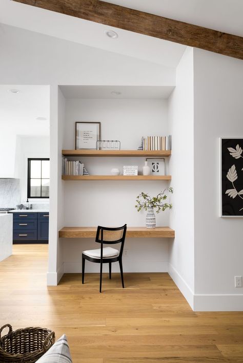 Styling Desk In Living Room, Built In Cabinet With Floating Shelves Above, Built In Desk Nook Next To Fireplace, Integrated Desk Shelves, Floating Desk In Nook, Floating Wood Desk Wall To Wall, Floating Shelf Desk With Drawer, Floating Desk With Bookshelves, Built In Desk With Shelves Above