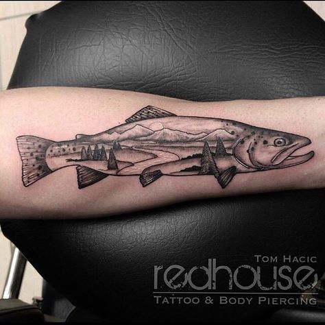 Trout Tattoos For Men, Brook Trout Tattoo, Rainbow Trout Tattoo, John Tattoo, Salmon Tattoo, Trout Tattoo, Fishing Tattoos, Fly Fishing Tattoo, Outdoor Tattoo