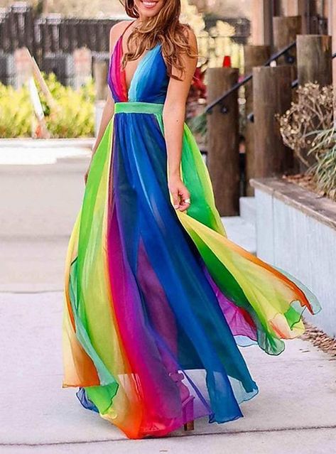 Graduation Themes, Accessible Kitchen, Fashion Terms, Fantasy Closet, Woman's Fashion, Rainbow Colours, Rainbow Dress, Backless Maxi Dresses, Suspender Dress