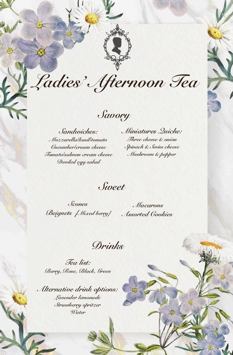 Ladies Afternoon Tea Party, Afternoon Tea Menu Design, Bridgerton Menu Ideas, High Tea Menu Design, English Tea Party Aesthetic, Bridgerton Afternoon Tea, Bridgerton Themed Tea Party, Bridgerton Tea Party Food, Bridgerton Party Food Ideas