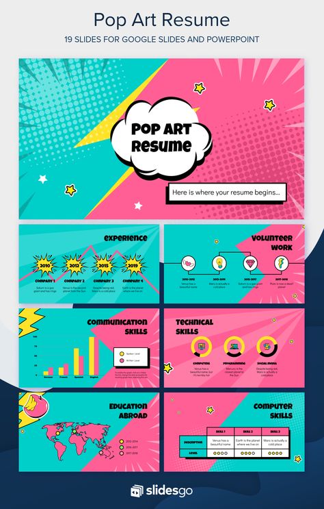 Impress the recruiters with this eye-catching resume Google Slides theme and PPT template inspired by pop art Art Resume, Brochure Design Layouts, Creative Powerpoint Presentations, Art Brochures, Book Presentation, Google Slides Theme, Powerpoint Design Templates, Art Web, Powerpoint Presentation Design