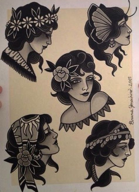 Lady Tattoo Design, Traditional Profile Tattoo, Traditional Woman Drawing, Tattoo American Traditional Black, Traditional Tattoos For Women Black, Traditional Tattoos Woman, Tattoo Traditional Woman, American Traditional Female Tattoo, Old School Women Tattoo