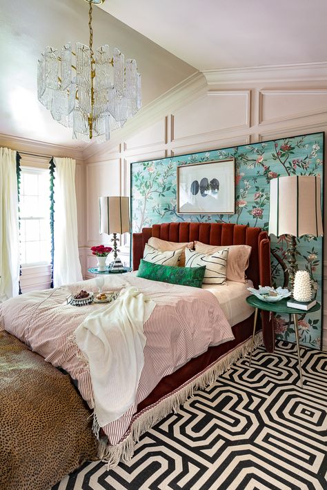 Jeweled Interiors, spring, 2019, One Room Challenge, ORC big reveal, Door Handle upgrade, brass door handle, master bedroom, bedroom, chinoiserie, Anthropologie, maximalist, bohemian, Miles Redd, piedmont chandelier, art deco, Metrie Moulding, bohemian moulding, new traditionalist, dramatic bedroom, setting plaster, farrow and ball, Thomas Mach, #anthropologie #oneroomchallenge #bedroomdesign  #eclectic Anthropologie Home Decor Inspiration Bedroom, Seafoam Green Bedroom Ideas, Master Bedrooms With Color, Red Bedding Ideas Bedrooms, Bedroom Chinoiserie, Jeweled Interiors, Maximalist Bohemian, Setting Plaster, Dramatic Bedroom