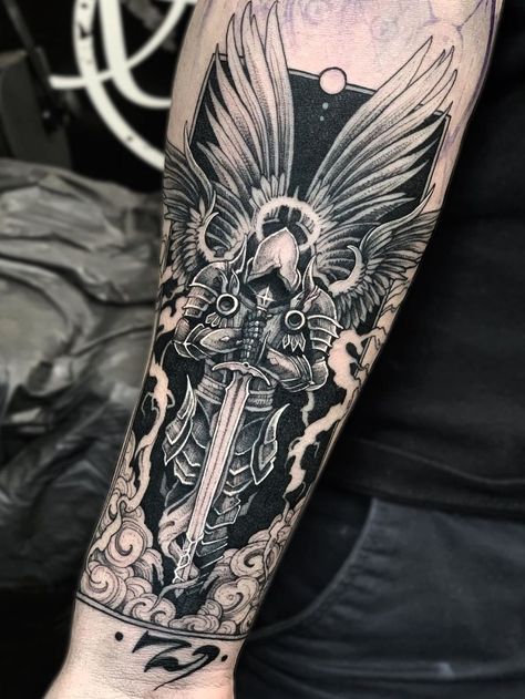 Tattoo uploaded by Evaldas Birbalas • Archangel • Tattoodo Guardian Angel Tattoo For Men, Angle Tattoo For Men, Armor Sleeve Tattoo, Angel Warrior Tattoo, Angle Tattoo, Forearm Cover Up Tattoos, Archangel Tattoo, Spartan Tattoo, Pirate Tattoo