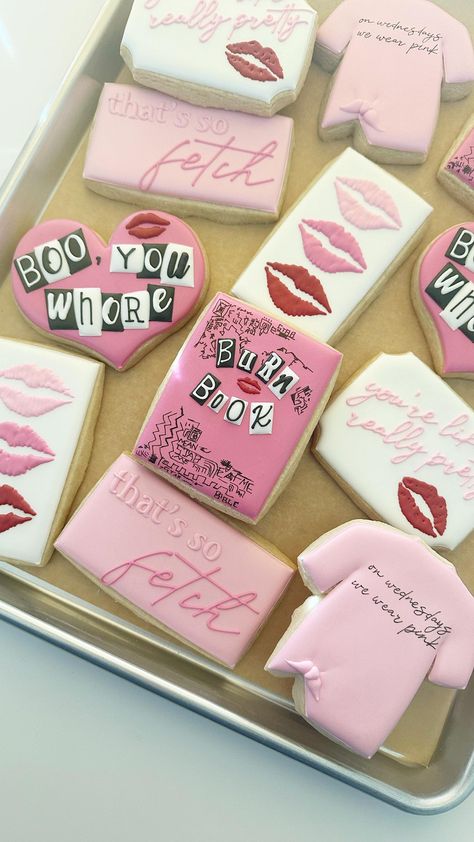 That’s SO fetch! Happy Mean Girls Day! 🩷 Designs by/inspired by @bluetopbakes and @ceciliahomemade #meangirls #meangirlsmovie… | Instagram Mean Girls Cookies Decorated, Mean Girls Cookies, Mean Girls Sweet 16, Mean Girl Birthday Party, Mean Girls Party Ideas, Mean Girls Decorations, Mean Girl Party, Mean Girls Party Theme Ideas, Mean Girls Cake