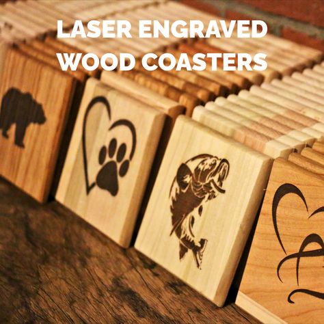 Square Wood Coaster Ideas, Glowforge Coasters, Laser Engraved Coasters, Wooden Coaster Ideas, Engraved Wood Coasters, Coaster Ideas, Engraved Coasters, Laser Cut Wood Crafts, Laser Engraved Ideas