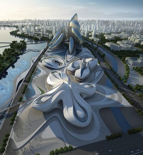 Zaha Hadid's Modern Art Center Unveiled in China Zaha Hadid Architecture, Zaha Hadid Design, Futuristic Building, Modern Architecture Building, Zaha Hadid Architects, Changsha, Cultural Architecture, Education Architecture, Amazing Buildings