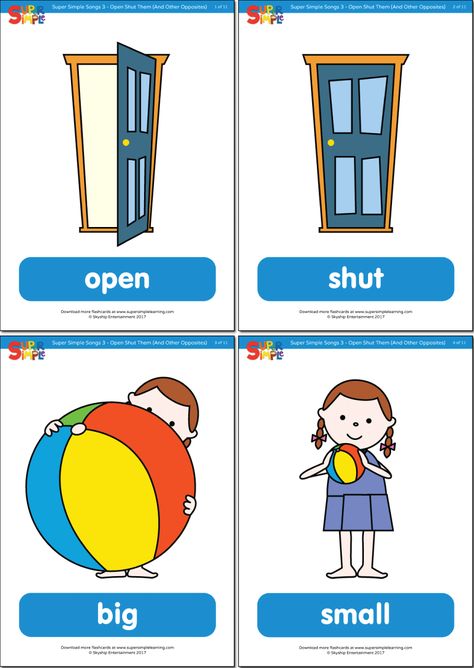 Open Shut Them Flashcards | Super Simple Opposites Flashcards, Opposites For Kids, Opposites Preschool, Kindergarten Esl, Classroom Songs, Super Simple Songs, Teaching Manners, English Room, Learning English For Kids