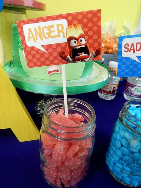 Inside Out Movie Party | CatchMyParty.com Disney Movie Party Ideas, Inside Out Movie Night Ideas, Inside Out Gift Ideas, Inside Out Snacks, Disney Pixar Birthday Party Ideas, Inside Out Themed Party, Disney Pixar Party, Inside Out Party Food, Pixar Party Decorations