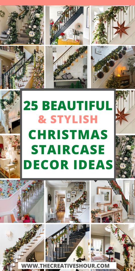 25 Bold And Bright Christmas Staircase Decor Ideas You Should See Simple Stairway Decor, Open Staircase Decorating Ideas, How To Decorate A Staircase For Xmas, Holiday Stairs Decorations, Ribbon On Stairs Christmas, Winter Staircase Decor, Christmas Decoration For Stairs, New Staircase Ideas, Stair Case Christmas Decor