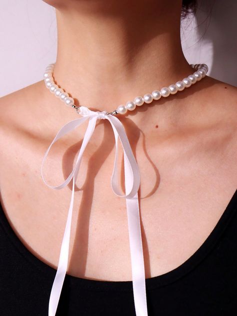 1pc Sweet Vintage White Ribbon Bow & Pearl Beaded Necklace For Women, Perfect For Daily WearI discovered amazing products on SHEIN.com, come check them out! Latest Pearl Necklace Designs, White Ribbon Bow, Modern Pearl Jewelry, Handmade Pearl Necklace, Pearl Beaded Necklace, Pearl Necklace Designs, Trendy Girl, White Pearl Necklace, Baroque Pearl Necklace