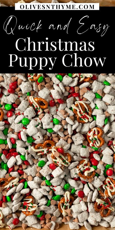 This Christmas Puppy Chow or Muddie Buddies is a wonderfully quick and easy to make holiday treat made from Chex Rice Cereal, chocolate chips, peanut butter and powdered sugar. Make this holiday puppy chow even more festive with your favorite mix-ins such as red and green M&M’s and chocolate covered pretzels. Christmas Muddy Buddies Recipe, Holiday Puppy Chow, Christmas Muddy Buddies, Christmas Puppy Chow, Puppy Chow Mix, Reindeer Food Recipe, Amazing Christmas Desserts, Puppy Chow Christmas, Christmas Snack Mix