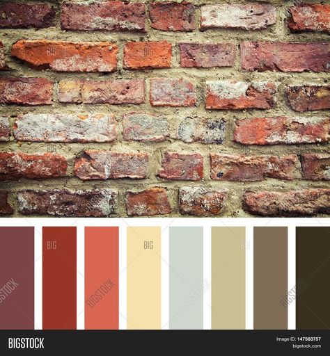 Old red brick wall, in a colour palette with complimentary colour swatches. Brick Color Palette, Rustic Paint Colors, Rustic Color Palettes, Best Exterior Paint, Red Brick Walls, House Paint Color Combination, Red Brick Wall, Brick Interior, Colour Swatches