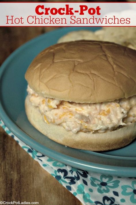 Crock-Pot Hot Chicken Sandwiches - Use up leftover cooked chicken in this tasty & cheesy recipe for Crock-Pot Hot Chicken Sandwiches! Perfect for lunch or dinner any day of the week! [Gluten Free, Low Carb, Low Sodium, Low Sugar & Just 4 WW SP (Blue & Purple Plans) Or 5 WW SP (Green Plan)] #CrockPotLadies #CrockPot #SlowCooker #ChickenRecipes #WeightWatchers Low Carb Low Sodium, Leftover Cooked Chicken, Hot Sandwiches, Hot Chicken Sandwiches, For Dinner, Buffalo Chicken Sandwiches, Sandwich Wrap, Dinner Sandwiches, Chicken Sandwich Recipes