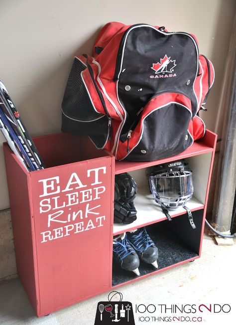 Hockey Storage, Hockey Diy, Hockey Crafts, Hockey Bedroom, Sports Storage, Hockey Decor, Hockey Room, Hockey Gear, Equipment Storage